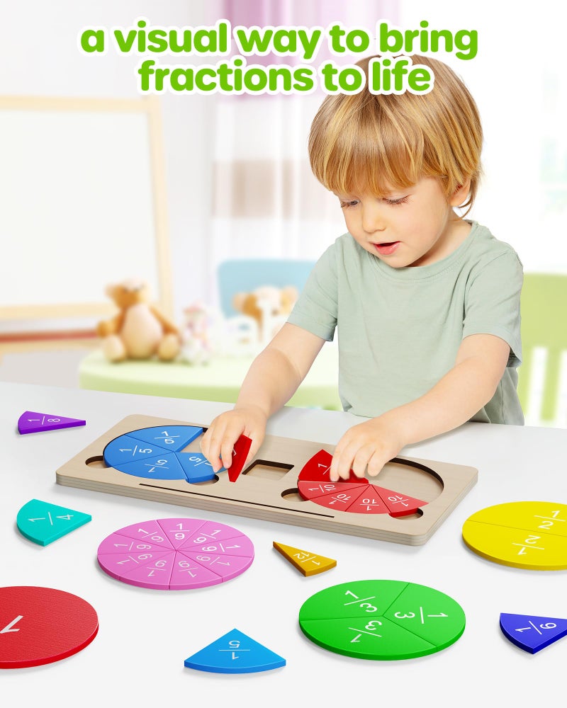 D-FantiX Wooden Fraction Educational Puzzle, Wood Fraction Tiles & Fraction Circles Set, Math Manipulatives for Elementary School, Montessori Fraction Manipulatives Games Learning Toys for Kids - Image 2